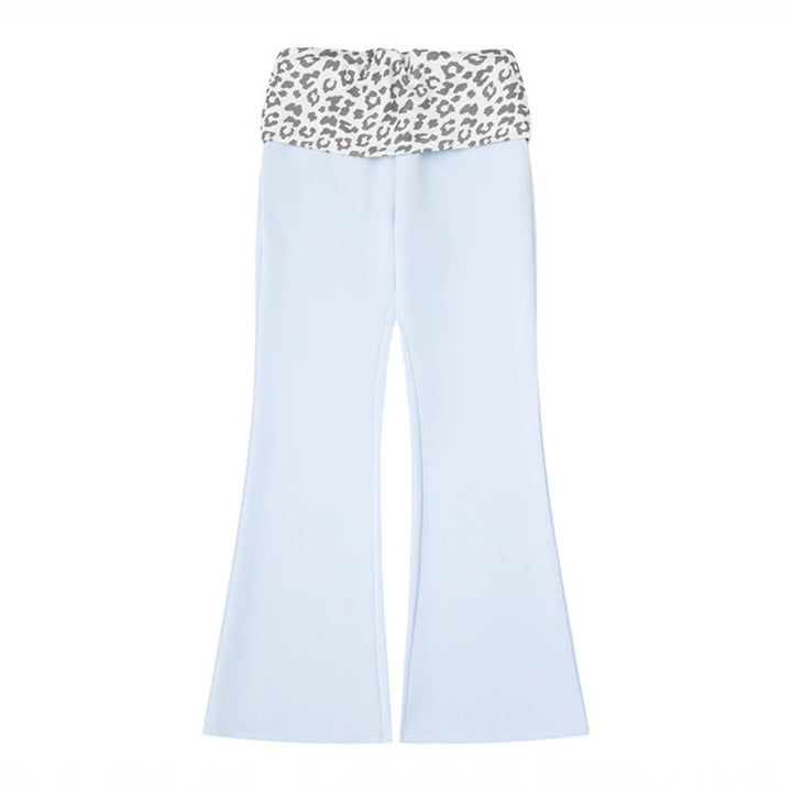 Women's Wide Jersey Lounge Pants with Flared Hem and Turned-Down Leopard Waistband Amarae
