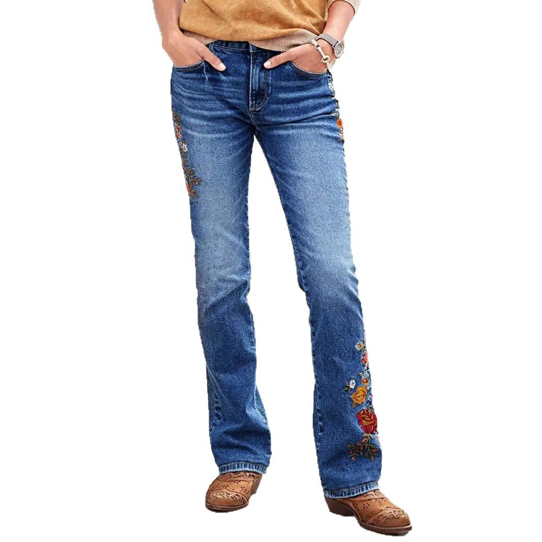 Women's Bootcut Jeans with Side Floral Embroidery and Comfortable Stretch Waistband Amarae
