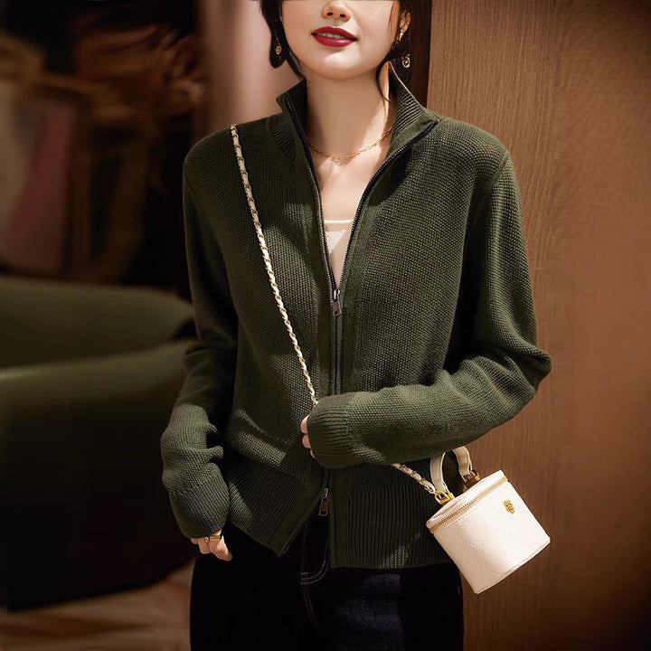 Knit jacket for women with high collar and full zipper Lune London