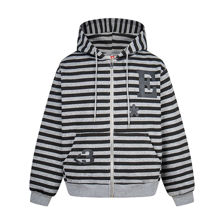 Women's oversized striped hooded sweatshirt jacket with full-length zipper and typographic front print Amarae