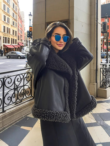 Oversized faux leather jacket for women with cozy lining Amarae