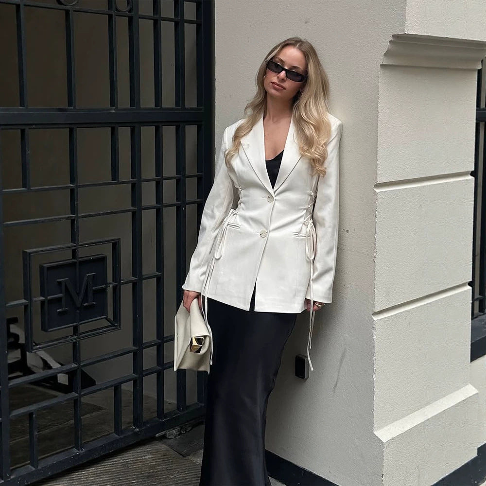 Women's tailored blazer with deep V-neck, zipper front and drawstring detail Amarae