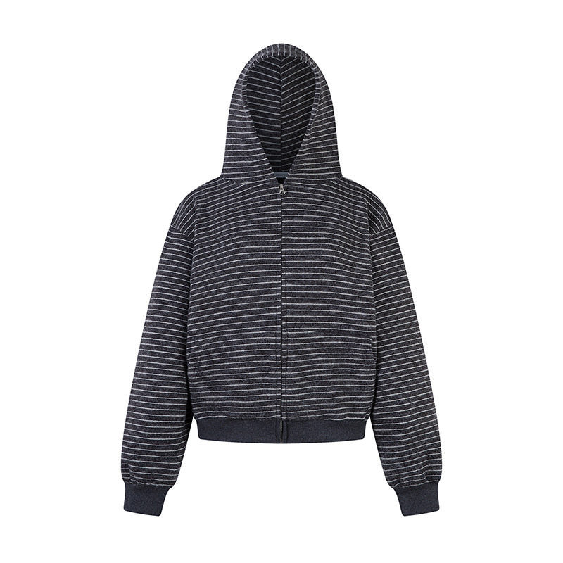 Women's short-cut hooded zip jacket with horizontal stripe relief and elastic waistband Amarae