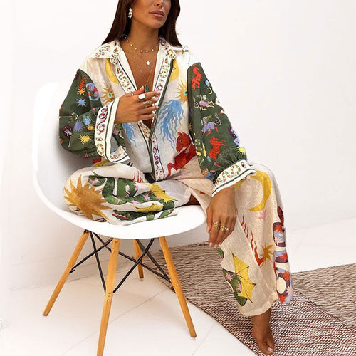 Ensemble en lin élégant pour femme avec imprimé artistique et manches amples Chic & Stil