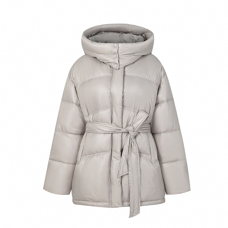 Quilted winter coat fashion for women with belt and hood Lune London