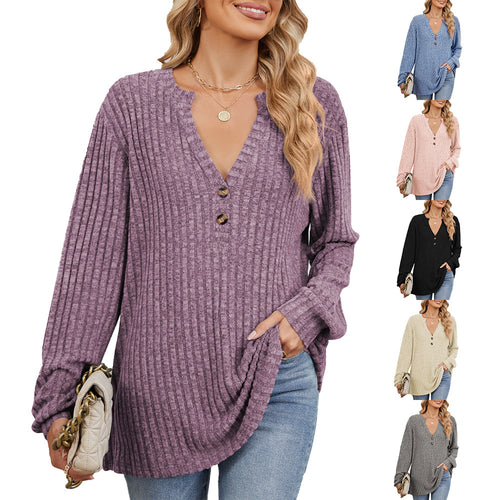 Long sleeve blouse for women with textured V-neck and button details Amarae