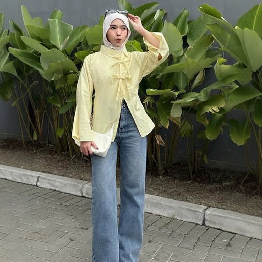 Women’s Stand Collar Tunic with Ties & Asymmetric A-Line Amarae