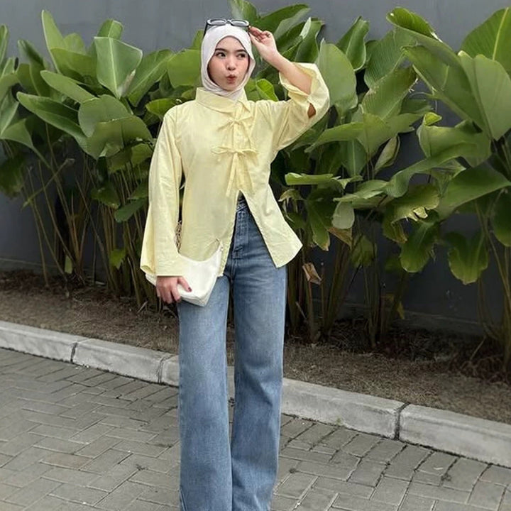 Women’s Stand Collar Tunic with Ties & Asymmetric A-Line Amarae