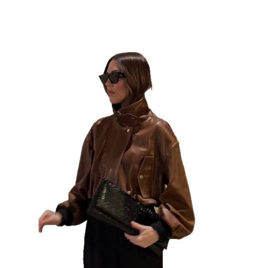 Women's short-cut leather blouse jacket with high stand-up collar and balloon sleeves Amarae