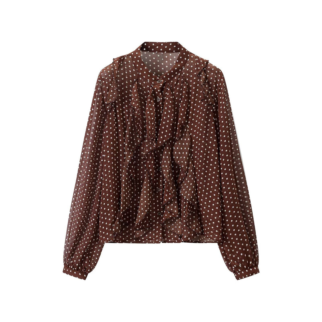 Women's semi-transparent chiffon blouse with dots, ruffle details and bow collar Amarae