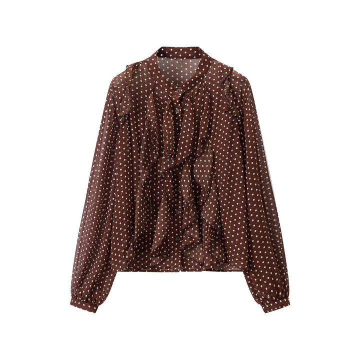 Women's semi-transparent chiffon blouse with dots, ruffle details and bow collar Amarae