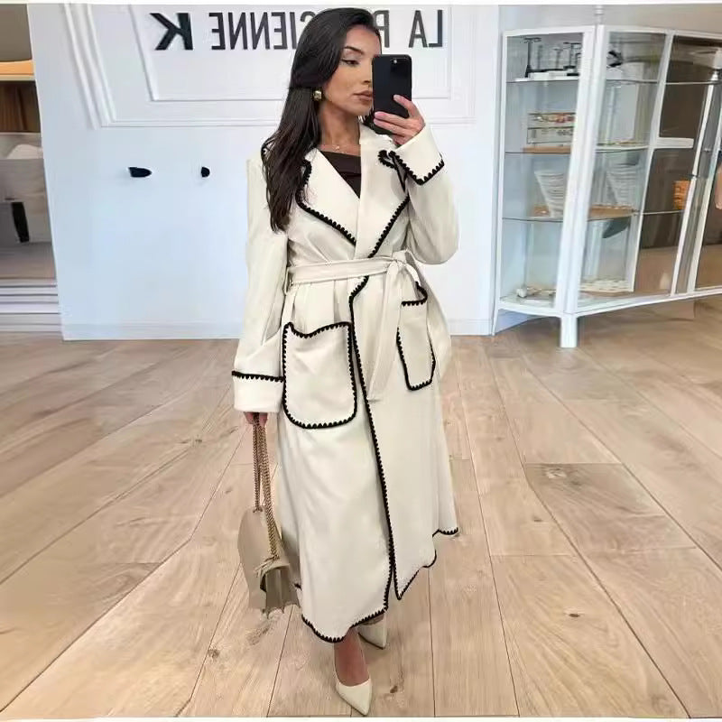 Women Tailored Wrap Coat made of Wool Blend with Decorative Wave Trim and Tied Belt Amarae