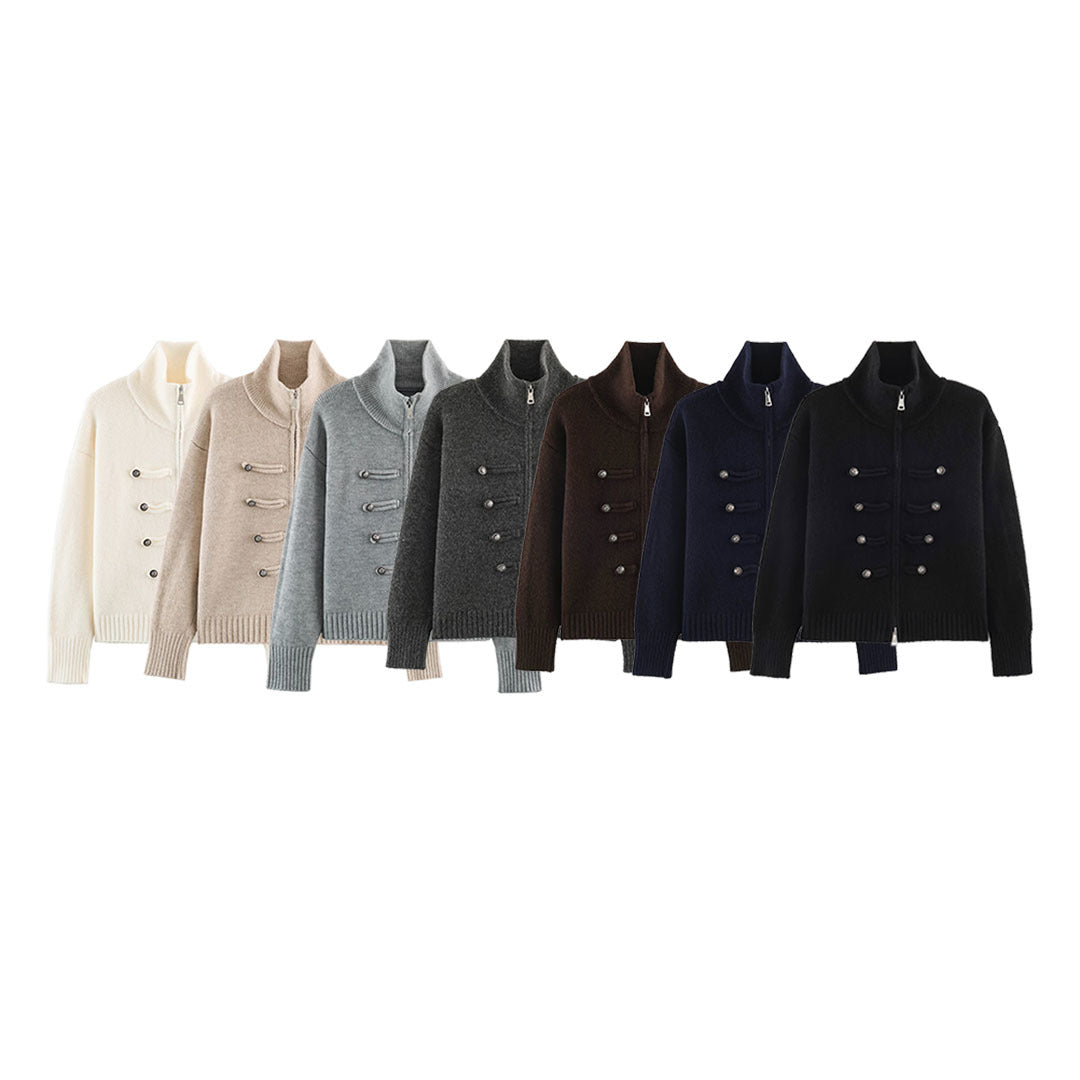 Women's cardigan with zipper, high stand-up collar, and decorative button plackets Amarae