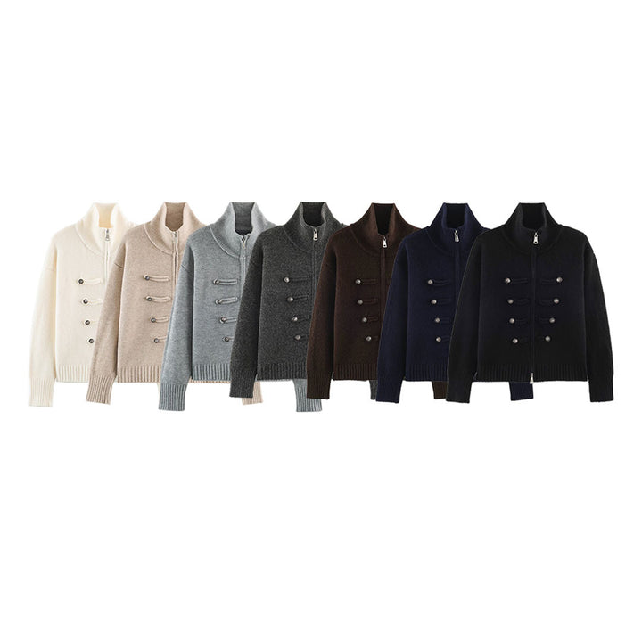 Women's cardigan with zipper, high stand-up collar, and decorative button plackets Amarae