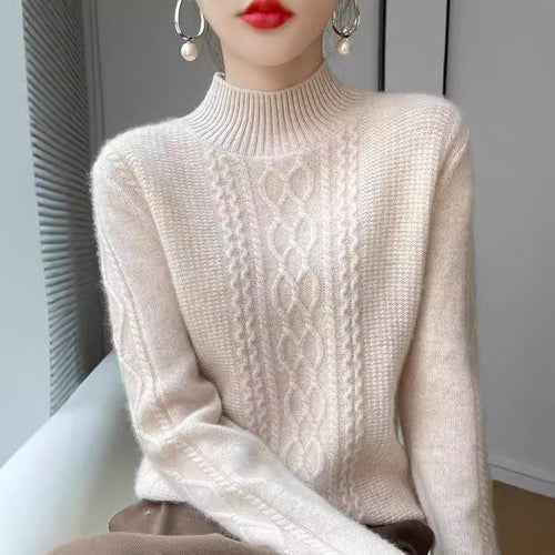 Womens knitted sweater with an elegant cable pattern and a high closed collar Amarae