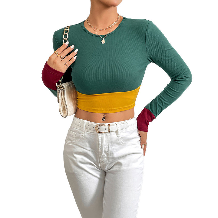 T-shirt court pour femmes avec design en bloc de couleur et manches longues Chic & Stil