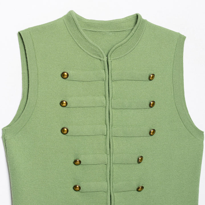 Women's Sleeveless Knitted Vest in Military Style with Decorative Metal Buttons and Patch Pockets Amarae