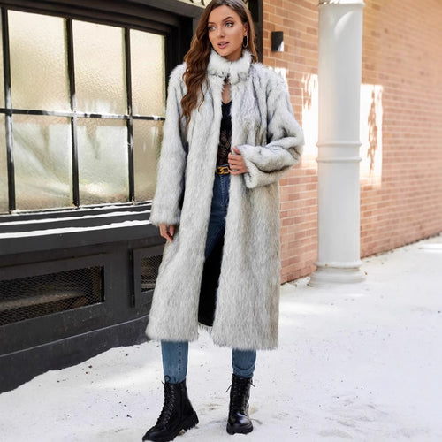 Ladies Long faux fur coat with high collar and pockets Amarae