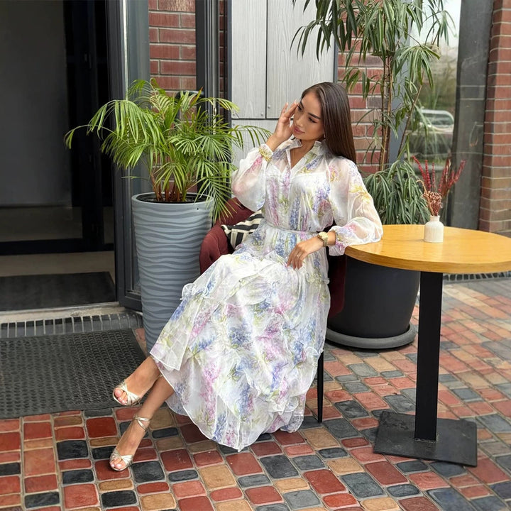 Women's Long Chiffon Tiered Maxi Dress with Ruffles & Delicate Flower Print Amarae