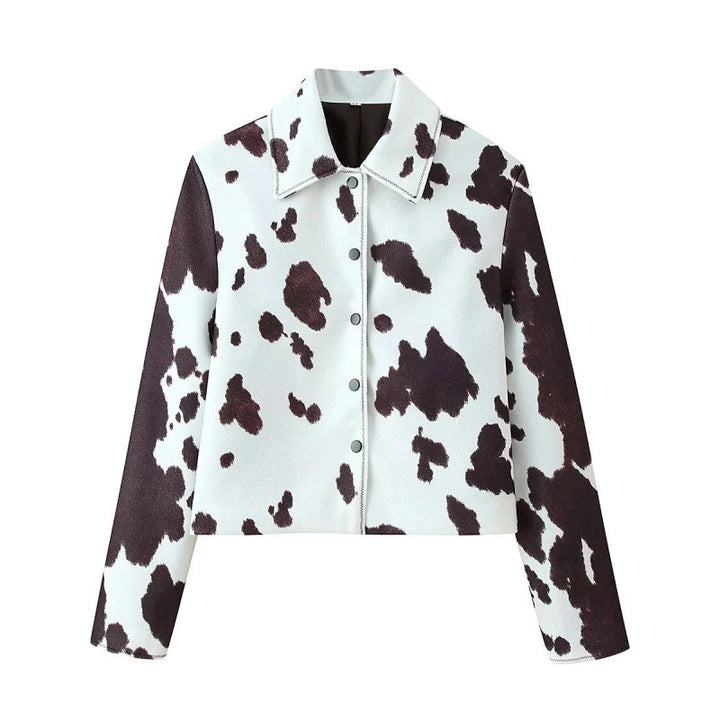 Faux leather jacket for women with a modern cow spot pattern Lune London