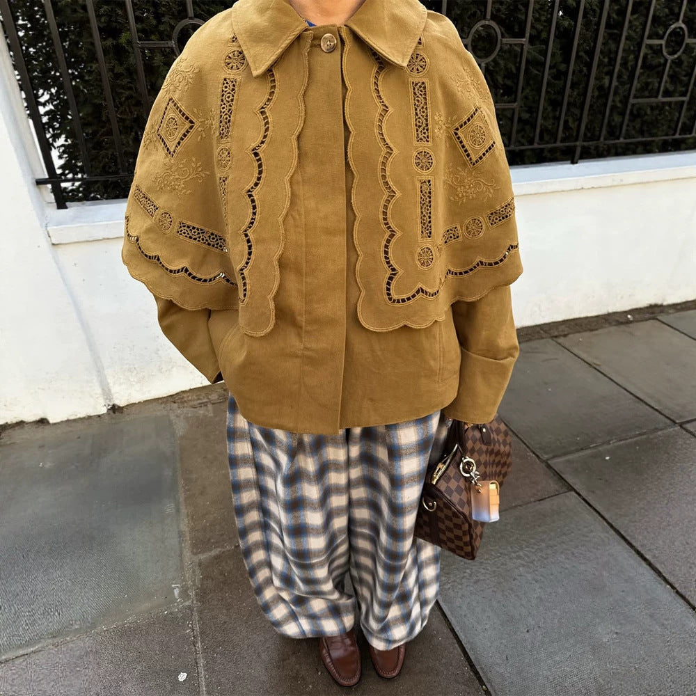 Women's short jacket with embroidered cape, eyelet embroidery and curved hem Amarae