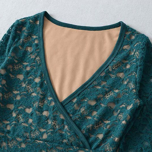 Women's Figure-hugging Lace Top with Wrap V-neck and Long Sleeves Amarae