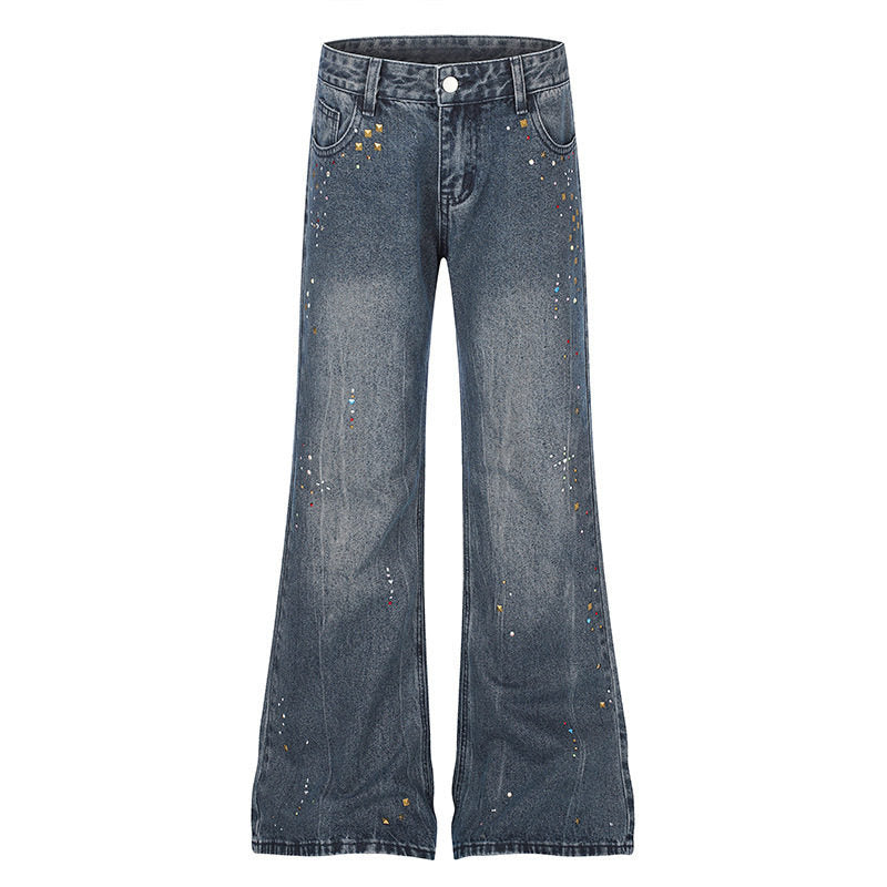 Women High-Waist Flared Jeans with Pearl and Stud Decoration Amarae