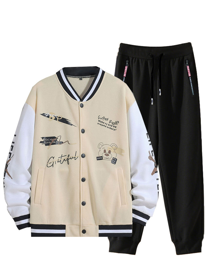 Men's College Style Sports Jacket Set and Jogging Pants with Colorful Patterns Lune London