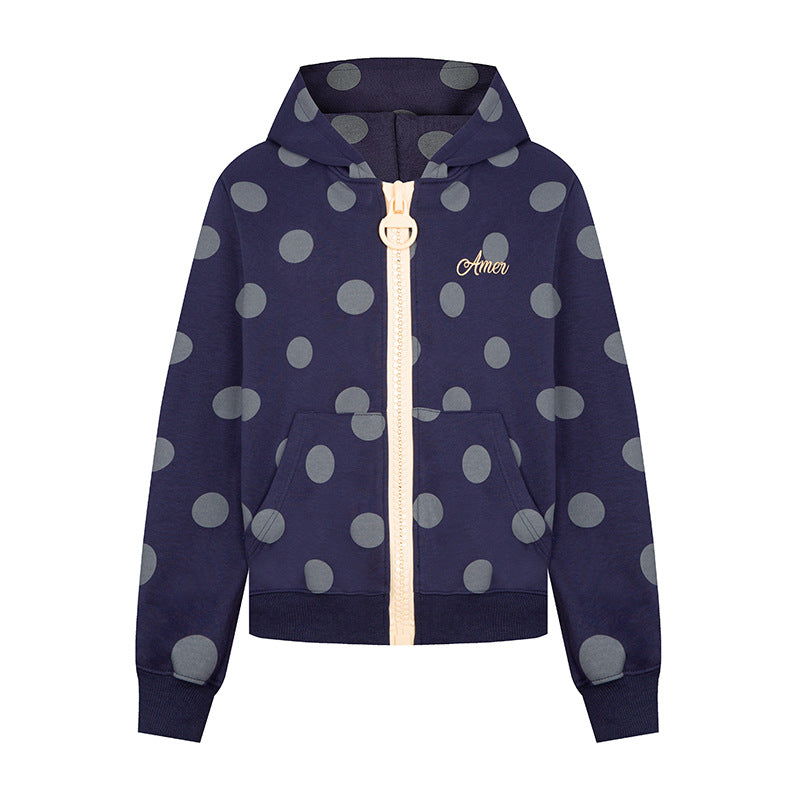 Women's cropped hooded zip jacket with large polka dot pattern and decorative zipper Amarae