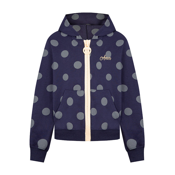 Women's cropped hooded zip jacket with large polka dot pattern and decorative zipper Amarae
