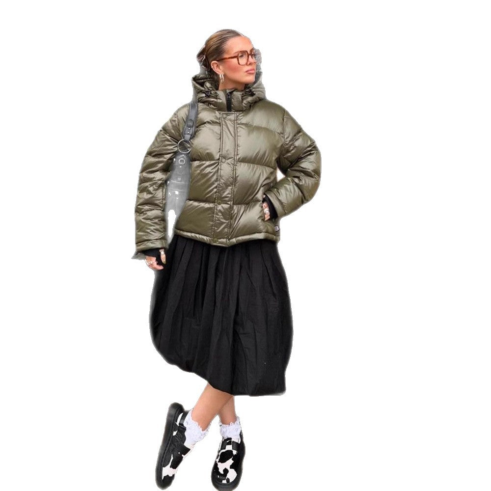 Women's Short Shiny Padded Jacket with Hood and Boxy Silhouette Amarae