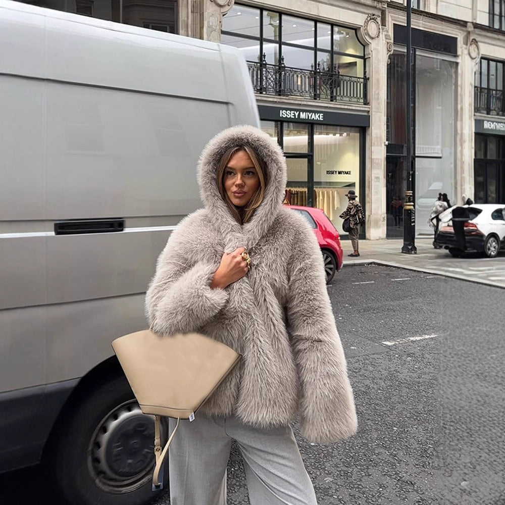 Women's Cozy Short Faux Fur Jacket with Extra Voluminous Hood Amarae