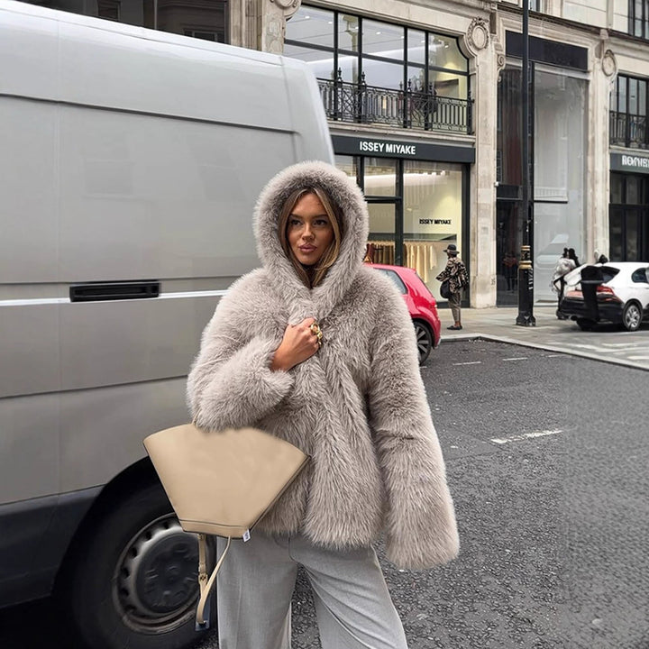 Women's Cozy Short Faux Fur Jacket with Extra Voluminous Hood Amarae