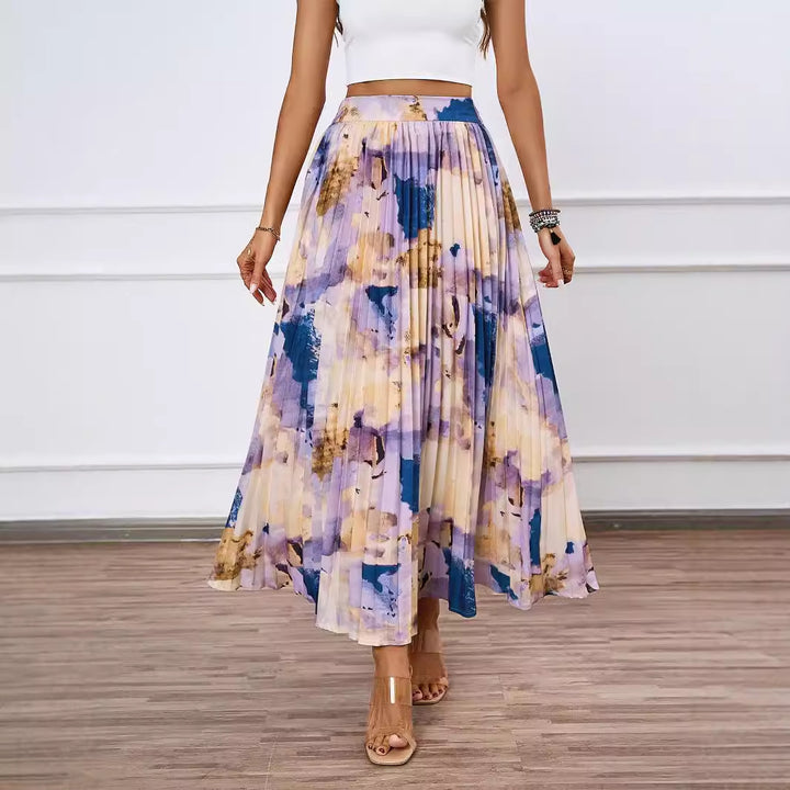 Pleated midi skirt for ladies with a colorful watercolor design Lune London
