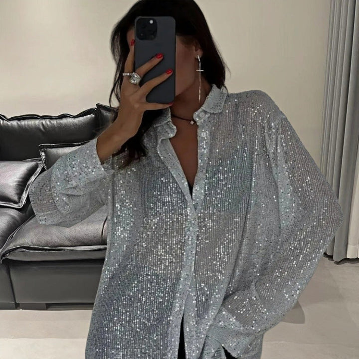 Ladies Glittering Oversized Shirt with Sequins Amarae