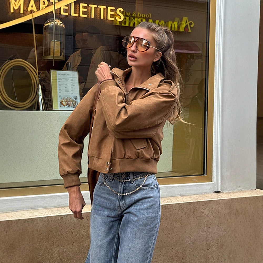Women's short-cut bomber jacket made of faux suede with ribbed cuffs Amarae