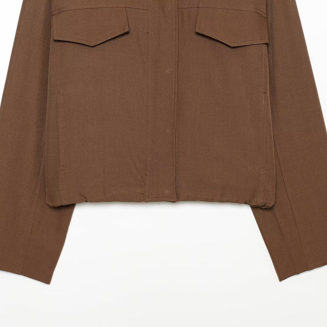 Women's Boxy Cropped Utility Jacket with High Stand Collar and Flap Pockets