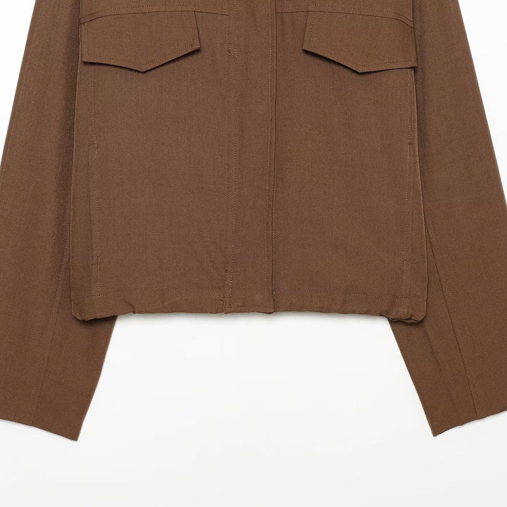 Women's Boxy Cropped Utility Jacket with High Stand Collar and Flap Pockets