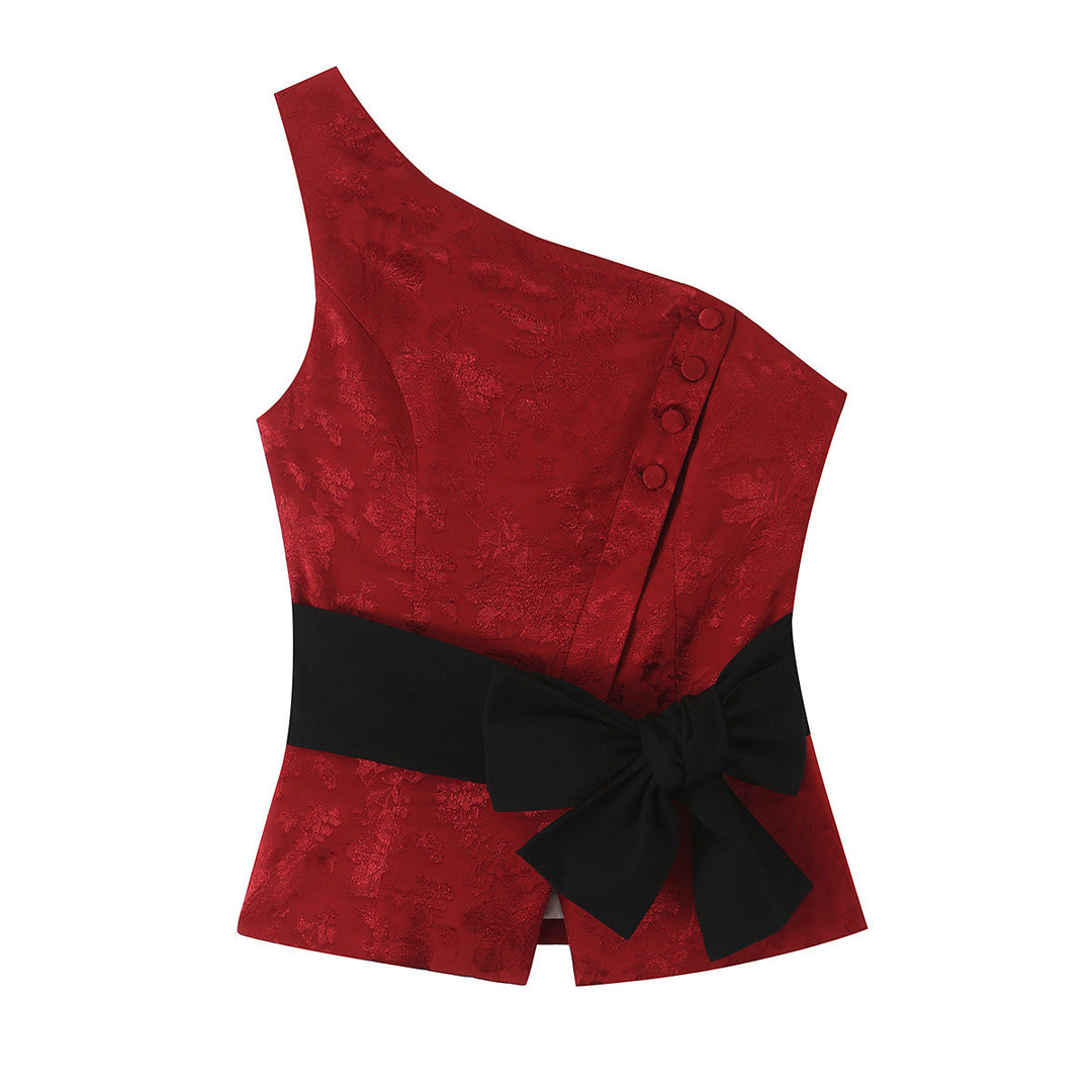 Women's One-Shoulder Jacquard Top with Waistband and Decorative Bow Amarae