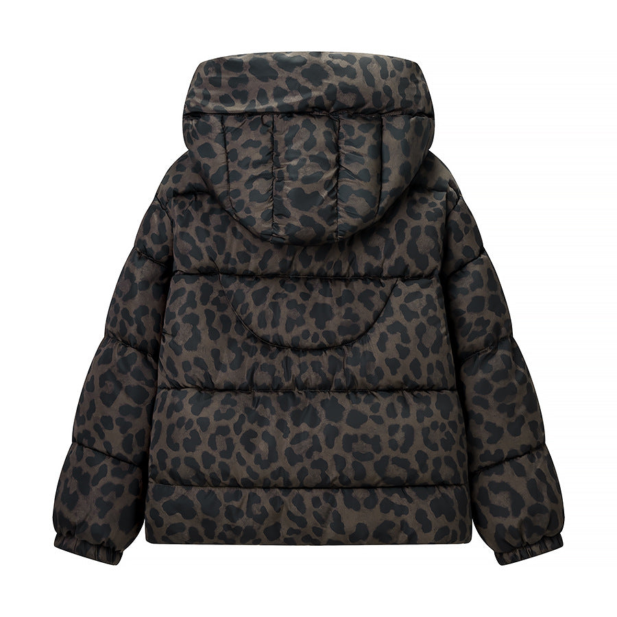 Women's Short Quilted Oversized Down-Effect Jacket with High Funnel Neck and Leopard Print Amarae