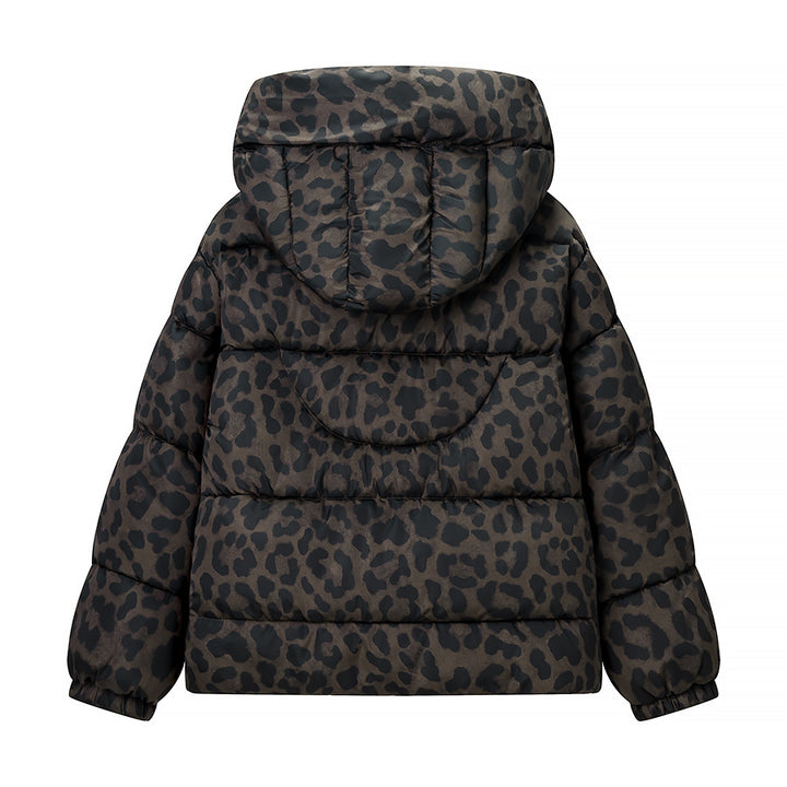 Women's Short Quilted Oversized Down-Effect Jacket with High Funnel Neck and Leopard Print Amarae