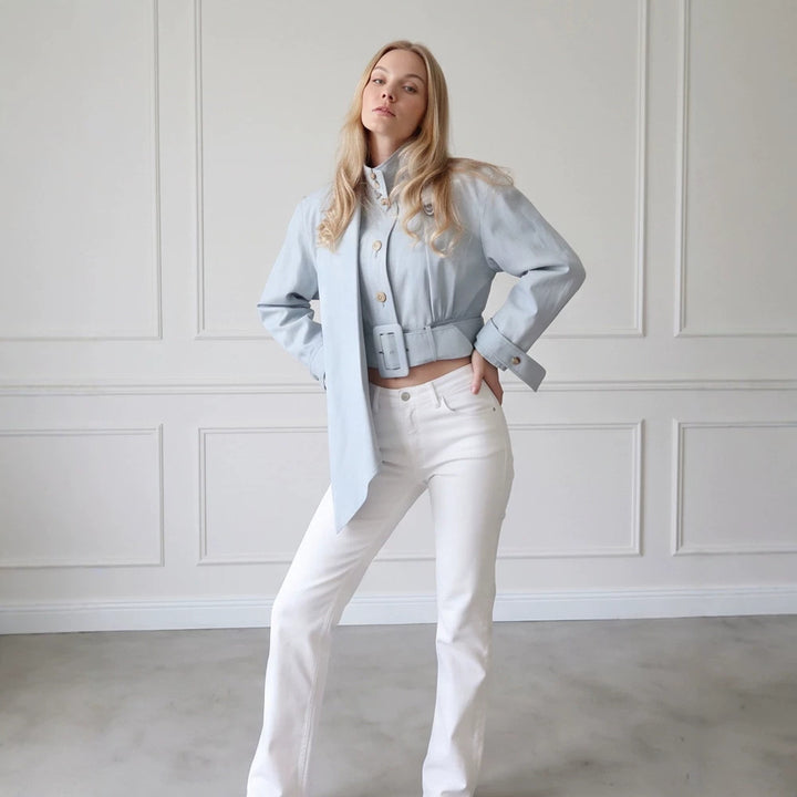 Women Tailored Cropped Jacket with Extra Long Bow & Wide Waist Belt Amarae