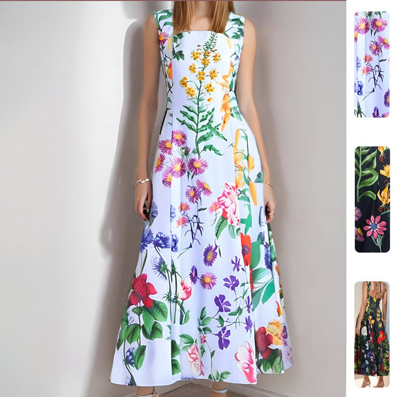 Robe maxi embellie floral pour femmes avec encolure carrée et jupe fluide Chic & Stil