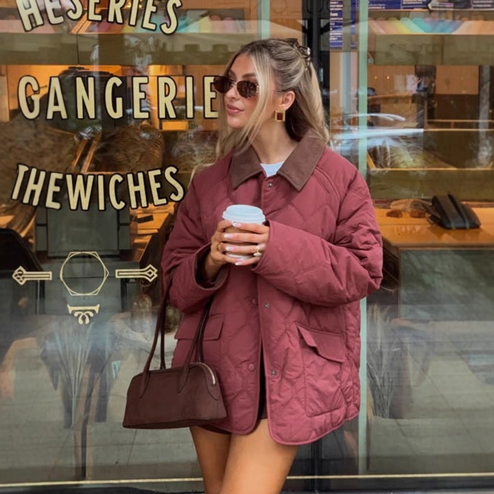 Women's quilted oversized jacket with cord collar, snap button closure and patch flap pockets Amarae