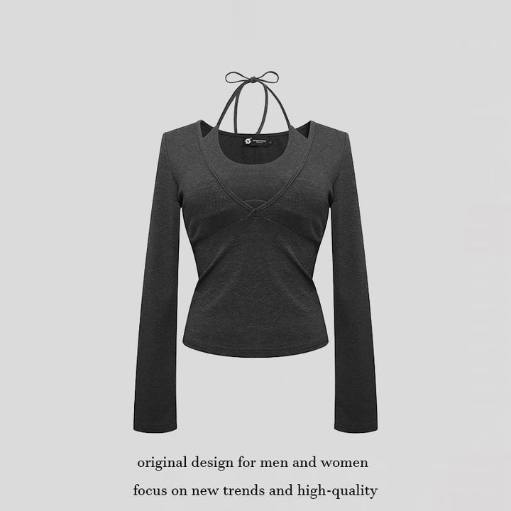 Women's long sleeve top with halter neck, wrap look and fitted cut Amarae
