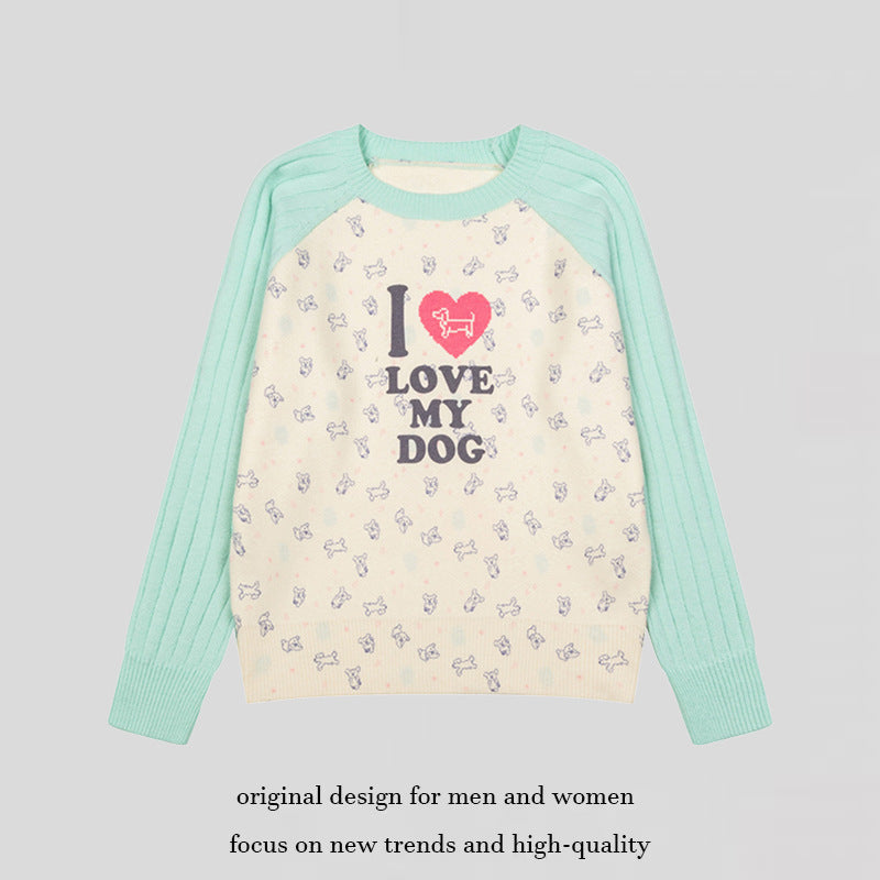 Women's knitted raglan sweater with heart dog motif, ribbed sleeves and all-over print Amarae