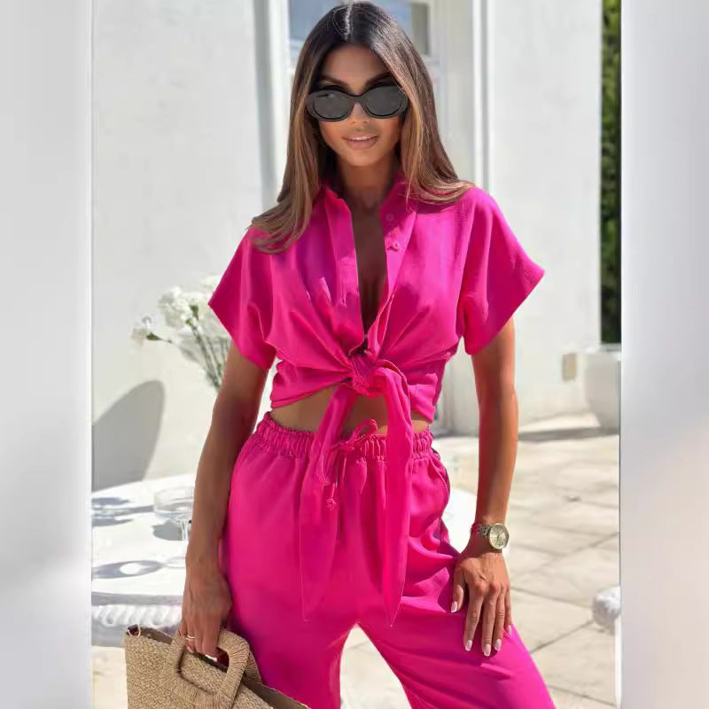 Ladies High-End Tie-Front Button-Up Set Lune London