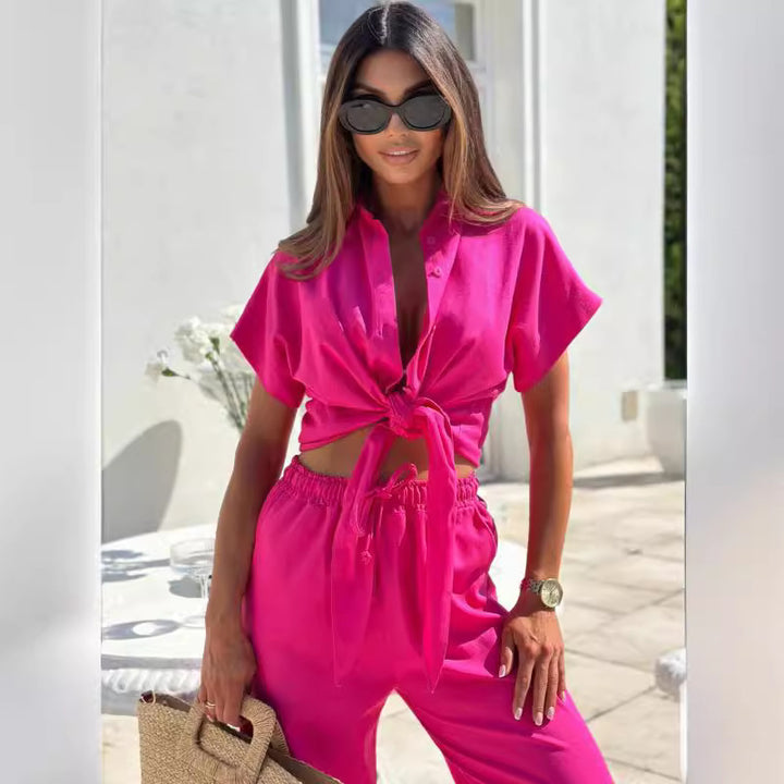 Ladies High-End Tie-Front Button-Up Set Lune London