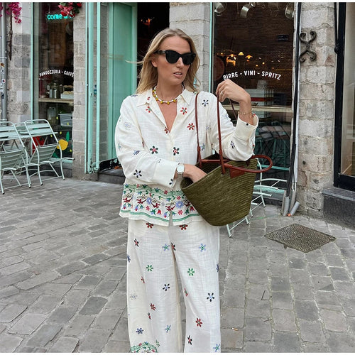 Women Elegant and Casual Wide Fabric Trousers with Embroidered Floral Design Amarae