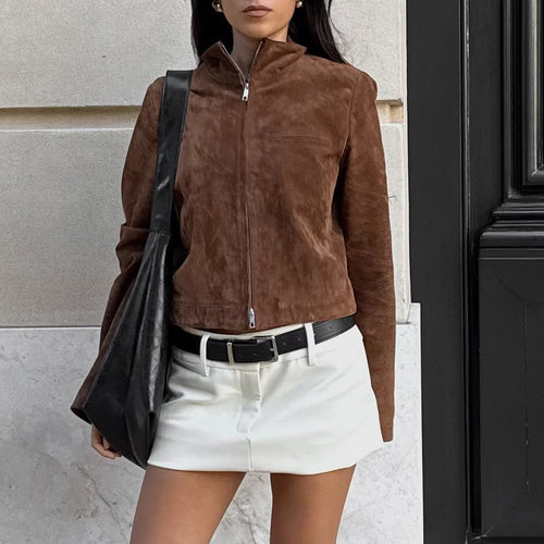 Women's suede jacket with modern high collar Amarae